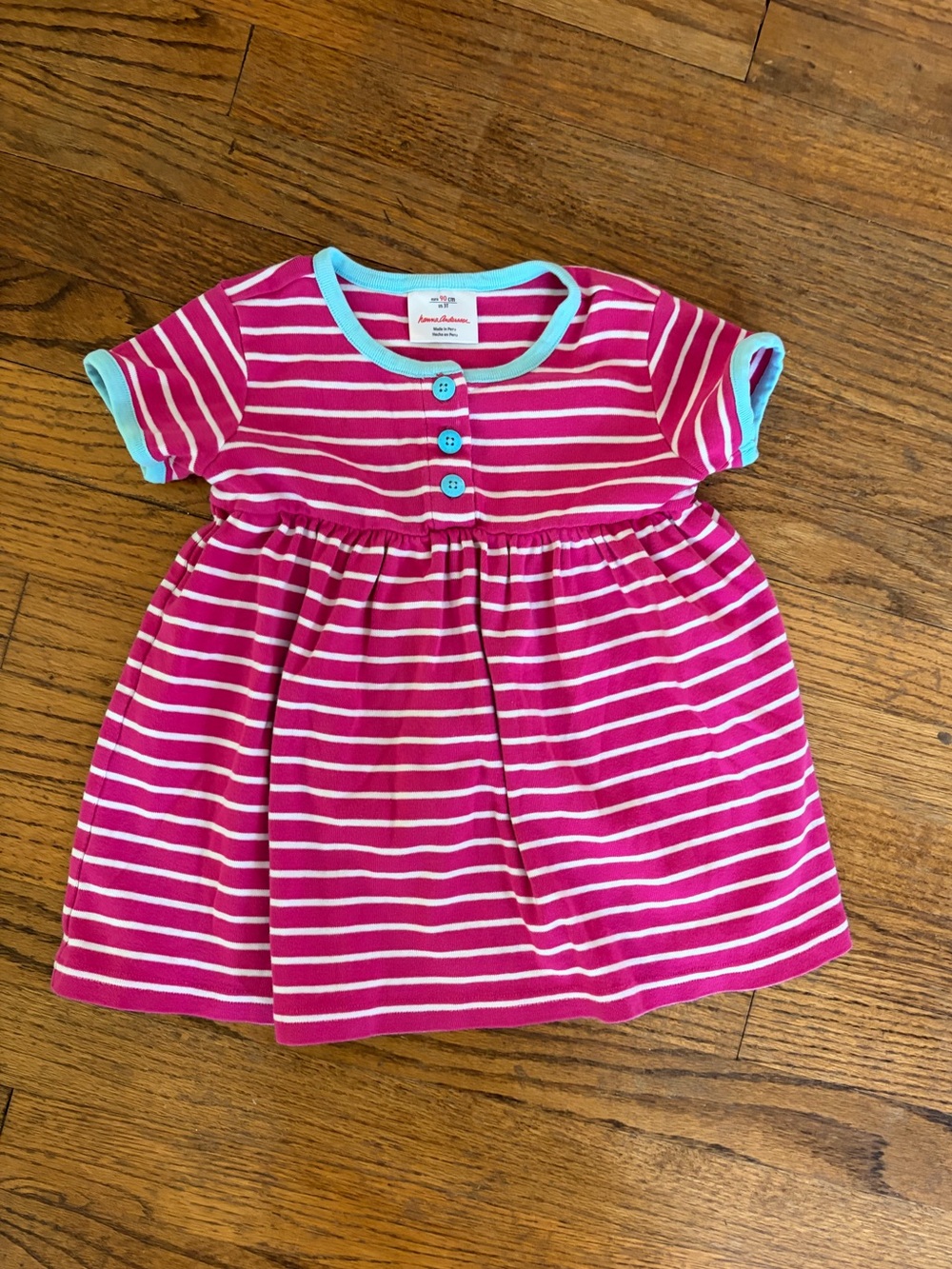 Hanna Andersson 3T Pink Striped Short-Sleeve Girls Dress Blue Trim Buttons